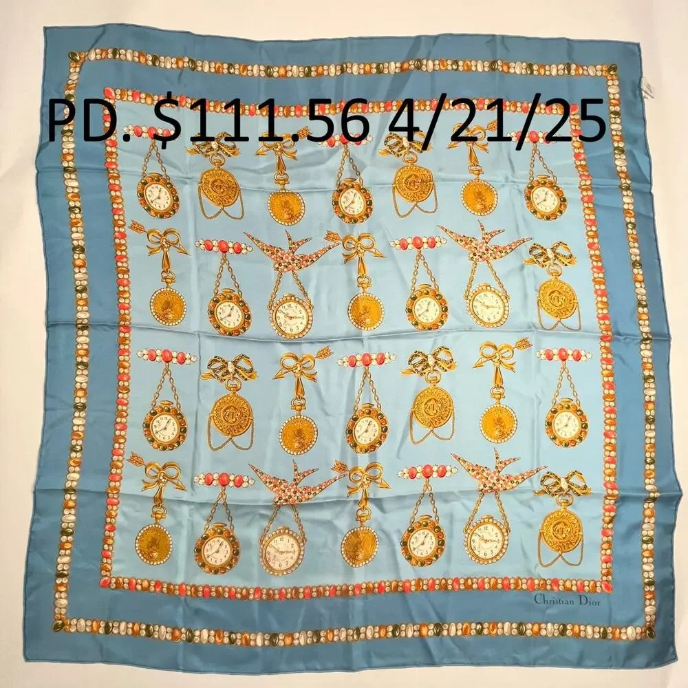 Christian Dior Silk Scarf Jewel & Watch Charm Pattern Blue 34.5